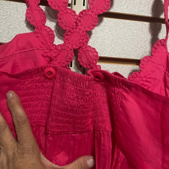Moda International VS Pink Cotton Smocked Tank Top Lace Trim Button Accents SZ L - Picture 6 of 7